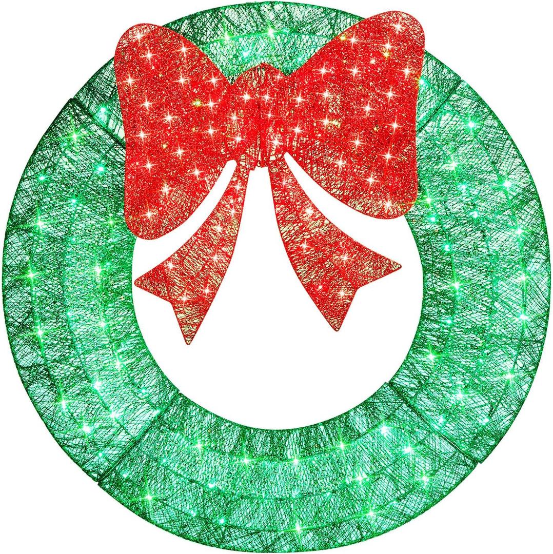 48in Lighted Christmas Wreath Decorations, Outdoor Christmas Wreaths Holiday Decor with Bow Ribbon 125 LED Lights for Front Door, Windows, Xmas Gifts, Home, Lighted Holiday Displays