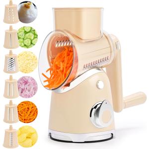 SUSTEAS Rotary Cheese Grater with Handle, Vegetable Slicer, 6 Interchangeable Blades, Reinforced Suction, Easy to Clean, Kitchen Shredder for Crushed Ice, Fruits, Nuts with Blade Storage Case, Beige