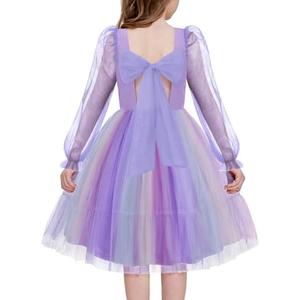 Arshiner Girls Tie Back Dress Puff Long Sleeve Formal Square Neck Party Tulle Dresses Size 130