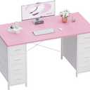 Pamray 47 Inch Computer Desk with 8 Fabric Drawers PC Gaming Desk Home Office Study Work Writing Table for Bedroom Pink