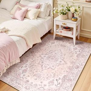 RELEANY Area Rugs 3'x5' Washable Non-Slip, Floral Vintage Distress Print Pattern Medallion Carpet for Living Room Bedroom Dining Room, Pink Greypink Cute