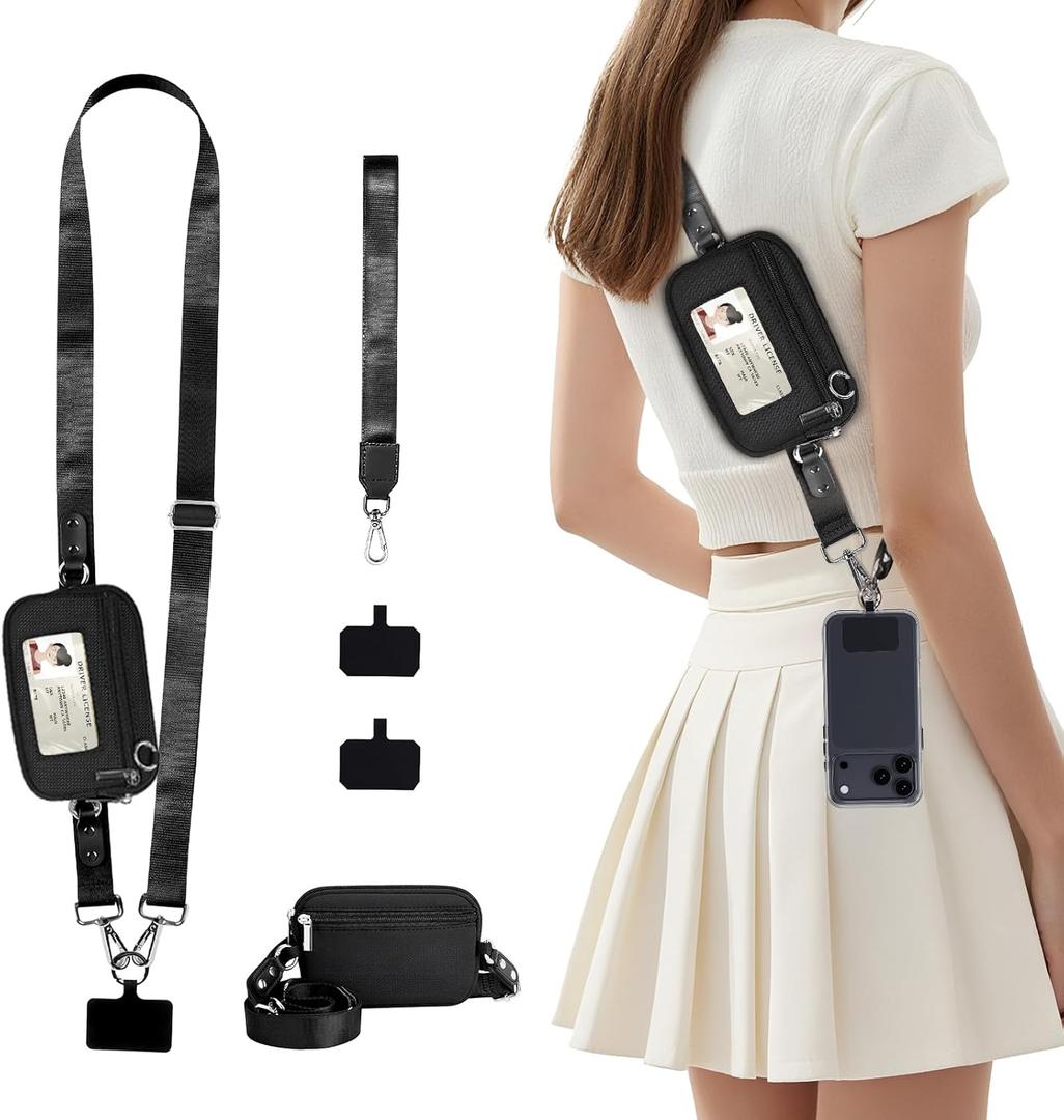 Clip and Go Strap for Phone with Wallet Crossbody, Phone Lanyard Detachable Zippered Pouch, RFID ID Window & Card Slots (Black)