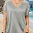 Women's Plus Size Contrast Lace V Neck Dolman Short Sleeve T-Shirt, 2XL