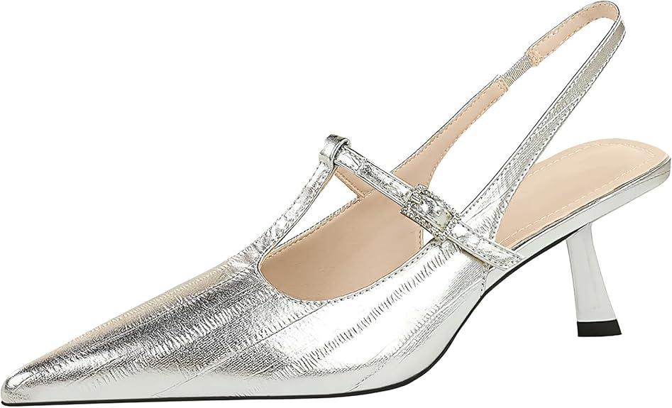 baobeijiadao Womens Pointed Toe Heels Slingback Slip On Pumps Close Toes T Strap Heeled Sandals Kitten Heel Dress Shoes for Women Silver, Size: 