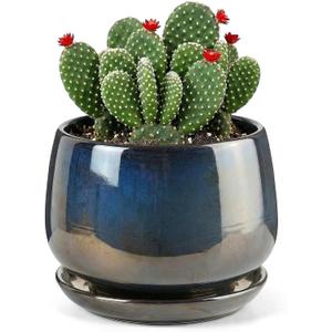7.5 Inch Flower pots for Indoor Outdoor Plants with Saucer Drainage Leak-Proof Mesh, Ceramic Planter with Gardening Gloves for Succulent and Flower (Metallic Black)
