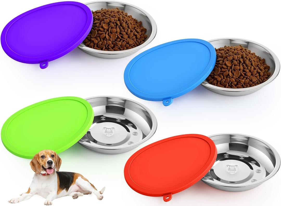 Patelai 8 Pcs Stainless Steel Dog Bowls with Silicone Lids Portable Food and Water Dishes for Pets Sealable Containers for Small Medium Dog Cat Indoor, 6.3 Inch (Red,Blue,Green,Purple)