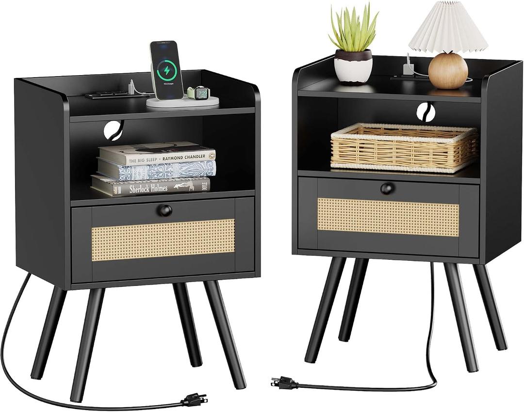SUPERJARE Nightstands with Charging Station, Bedside Table Set of 2 with PE Rattan Drawers, Rattan Side Table with Storage & Solid Wood Feet, End Table for Bedroom, Black, 11.8"D x 15.9"W x 23.4"H