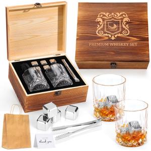 Whiskey Glasses Set, Men Chrismas Birthday Gift Set, Whiskey Stones Bourbon Rock Glass with Wooden Gift Box, Cool Burbon Scotch Cocktail Set Gifts (Stainless Steel)