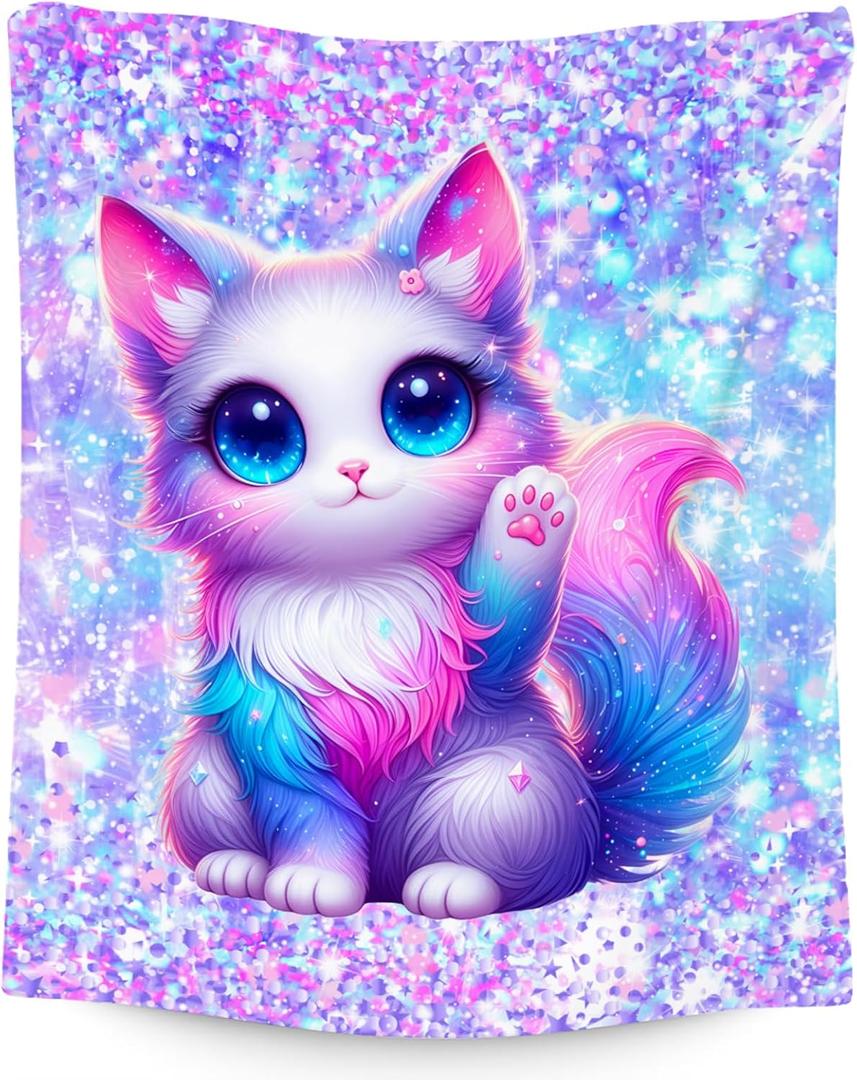 Blanket for Kids - Cat Blankets for Girls Daughter - Gifts for Cat Lovers - 50x60 Inches Soft Warm Throws Decor for Bedroom (Blue)