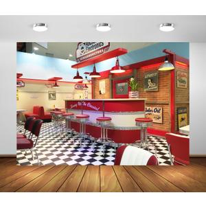 BELECO 7x5ft Fabric Retro 50s Diner Backdrop Classic 1950s Fast Food Soda Shop Restaurant Rockin Dinner Party Dining Background 50s Diner Party Supplies Banner Photo Booth Studio Props