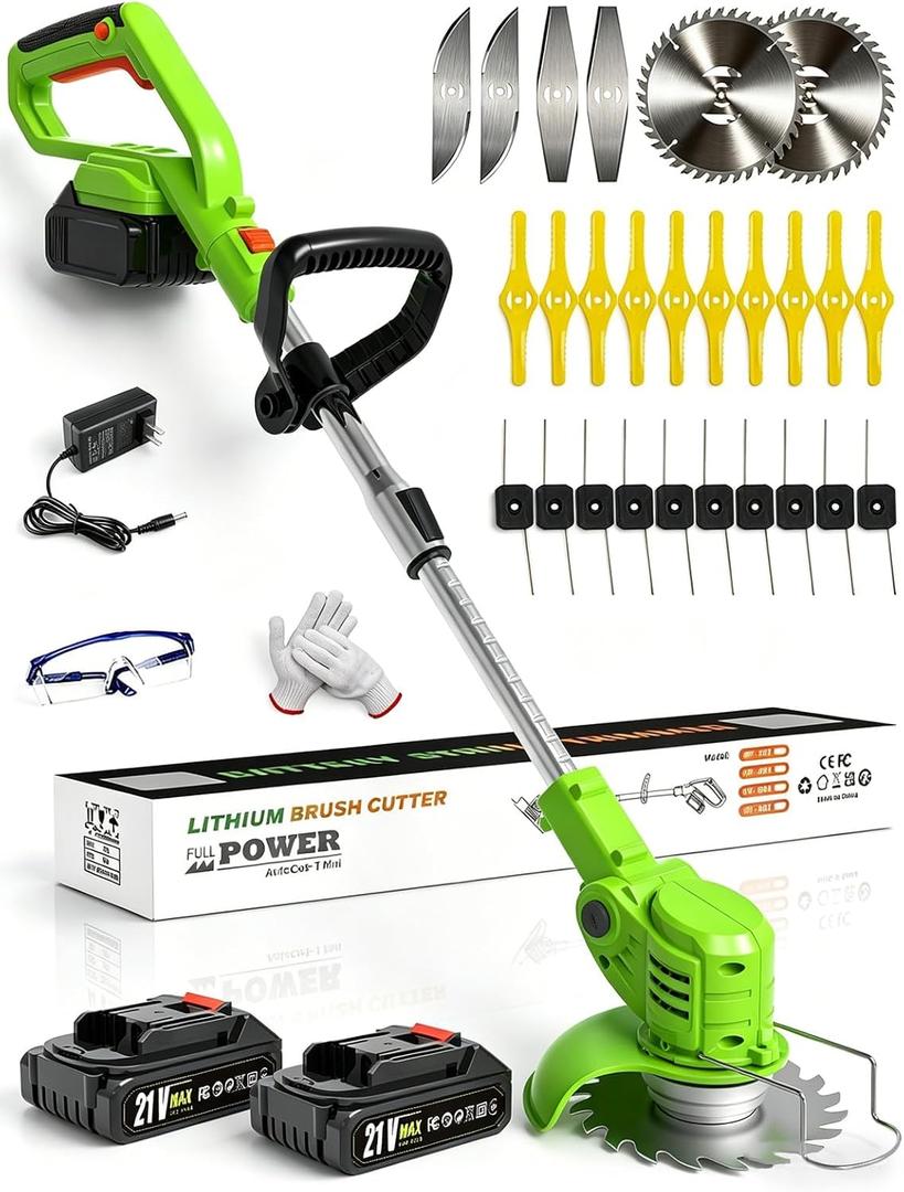 Electric Weed Wacker Battery Powered,20V Lightweight Cordless Weed Trimmer Eater with 2 Battery and Charger,3 in 1 Grass Trimmer/Brush Cutter/Lawn Edger with 26 Blade for Yard,Garden