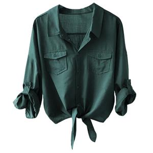 Womens Office Business Shirt Tie Front 3/4 Sleeve V Neck Button Down Shirts Loose Blouse Summer Casual Tops Darkcyan (Green, M)