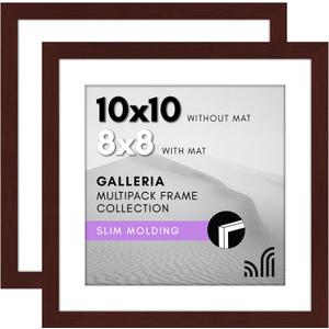 Americanflat 10x10 Picture Frame with Polished Plexiglass - Set of 2 - Use as 8x8 Frame with Mat or 10x10 Frame Without Mat - Galleria Collection - Gallery Frames for Tabletop and Wall - Mahogany