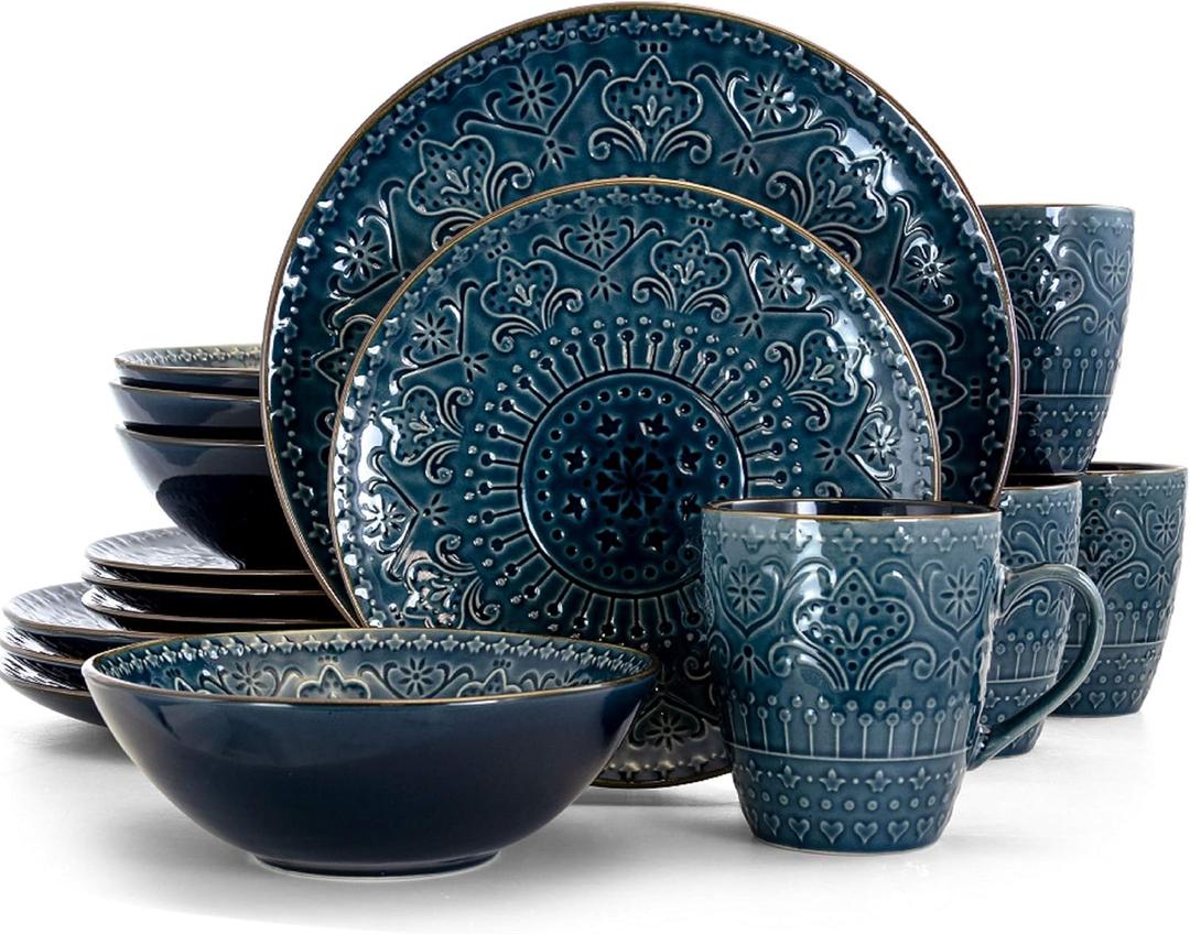Elama Deepsea Mozaic 16 Piece Round Stoneware Dinnerware Set in Sea Blue