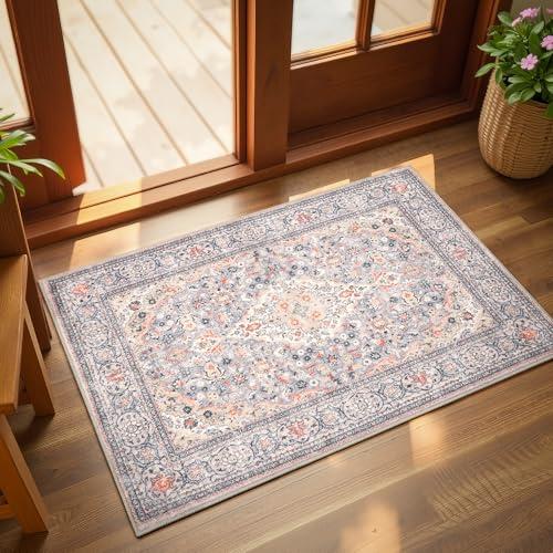 Small Washable Area Rug, 57" Boho Vintage Entryway Rugs, Soft Non Slip Floral Door Mat, Aesthetic Low Pile Carpet for Front Door Entry Carpets Entrance Bedroom Kitchen, Beige/Multi