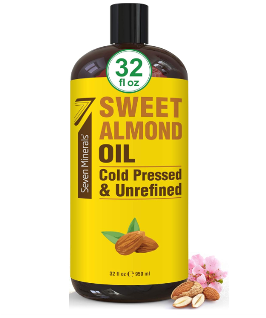 Seven Minerals, Pure Cold Pressed Sweet Almond Oil - Big 32 fl oz Bottle - Unrefined &100% Natural - For Skin & Hair, with No Added Ingredients - Perfect Carrier Oil for Essential Oils, 2 pack 
