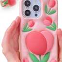 Cute 3D Flower Phone Case for iPhone 16 Pro - Retractable Stand & Grip with Floral Design - Girly Aesthetic Pink Tulip Soft Silicone Phone Cover for Women, Girls, and Teens, Pink