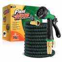 Flexi Hose with 8 Function Nozzle, 75FT - Lightweight Expandable Garden Hose, No-Kink Flexibility, 3/4 Inch Solid Brass Fittings and Double Latex Core - Black and Green