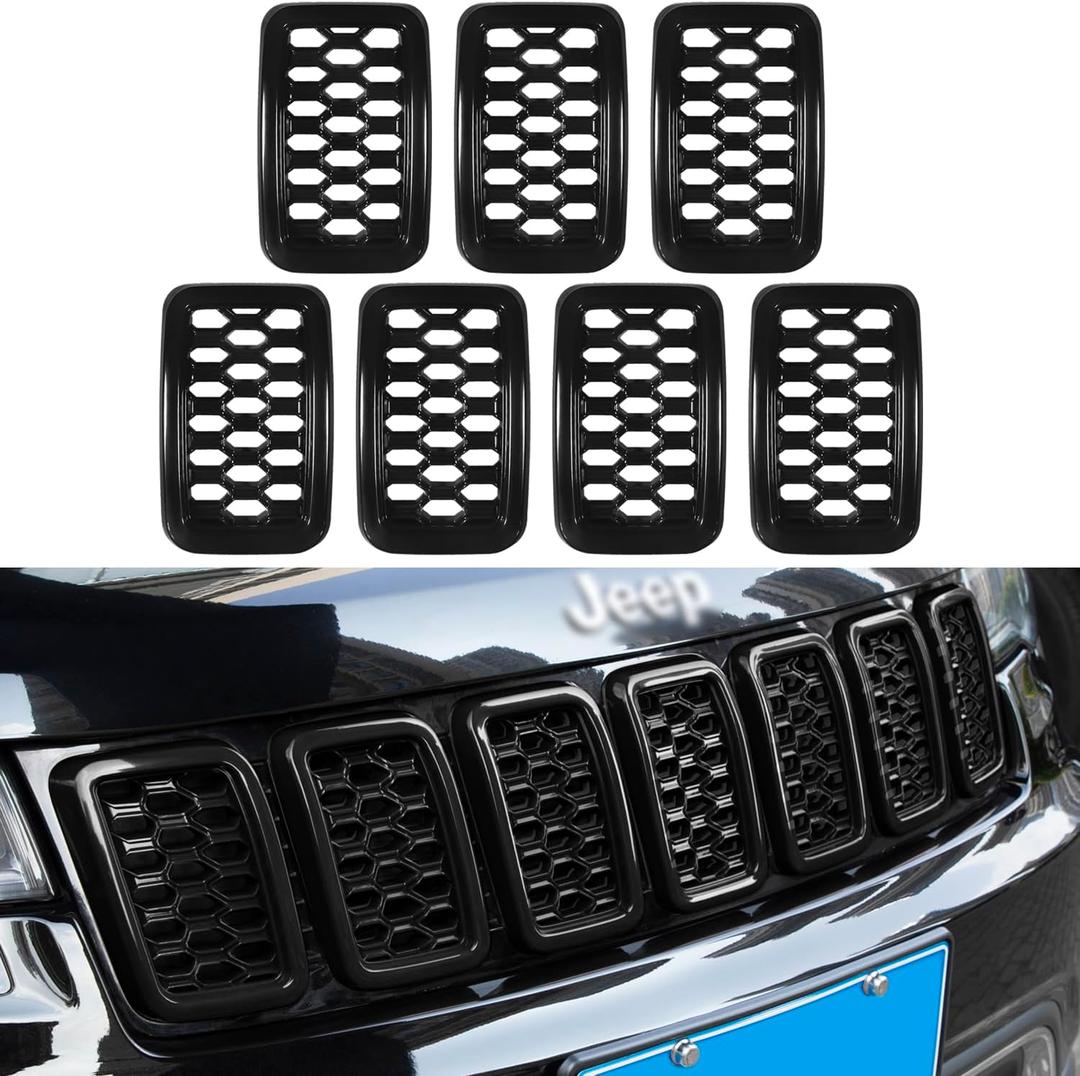 Grill Inserts Rings Covers For Jeep Grand Cherokee 2017 2018 2019 2020 2021 Honeycomb Grill Mesh Exterior Accessories Cover Overlay Kit,Not Fit SRT, Trackhawk, or 2021 Grand Cherokee L Models(Black)