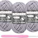 Crochet Kit for Beginners, 3x50g Chunky Cotton Yarn, Light Grey for Crocheting & Knitting, Easy Stitches