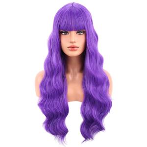 BERON Dark Purple Long Curly Wavy Wig with Bangs for Women Girls Purple Heat Resistant Synthetic Wig Cosplay Costume Party Daily Wigs