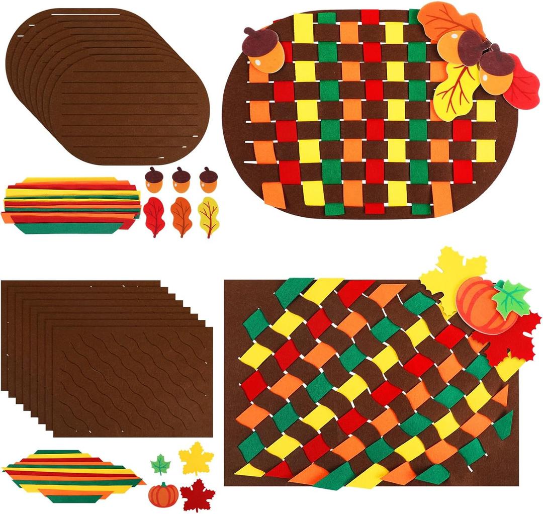 Seenelling 16 Set Fall Thanksgiving Felt Craft Kit DIY Fall Colors Weaving Placemat with Maple Leaves Pumpkin Hazelnut and Fun Home Activities Party Craft Supply Festive Table Accessories