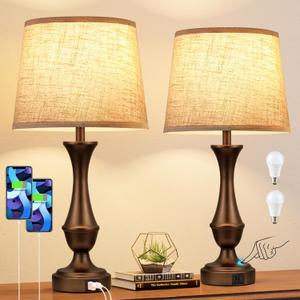 Seealle Upgraded Touch Lamps for Night Stands Set of 2 - Bedside Lamps with USB C+A, 3 Way Dimmable for Bedroom Living Room End Tables Office (Beige& Brown)