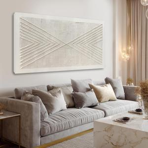 YLLTIEM Hand Painted Textured Geometric Wall Art 24x48 Inch, White Cream Ivory Abstract Canvas Wall Art, Large Horizontal Beige Neutral Wall Decor for Living Room, Bedroom, Office, Modern Wall Decor
