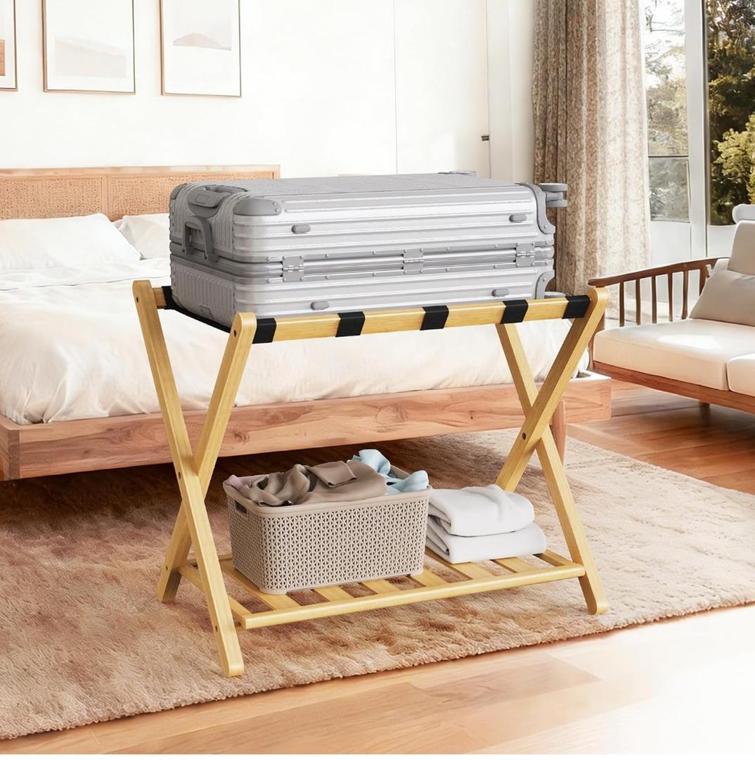 26.77"L Luggage Rack, Natural Luggage Rack for Guest Room, Bamboo Folding Suitcase Stand with Storage Shelf, 5 Nylon Straps, Heavy Duty Luggage Holder for Bedroom Hotel, 1 Pack, Gift Box Packaging
