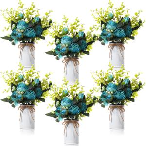 6 Sets Artificial Peonies Flowers, 6 Artificial Peony with Vase 6 Faux Eucalyptus, Faux Silk Peony Bouquet Spring Flowers for Decoration Wedding Party Home Dining (Teal)