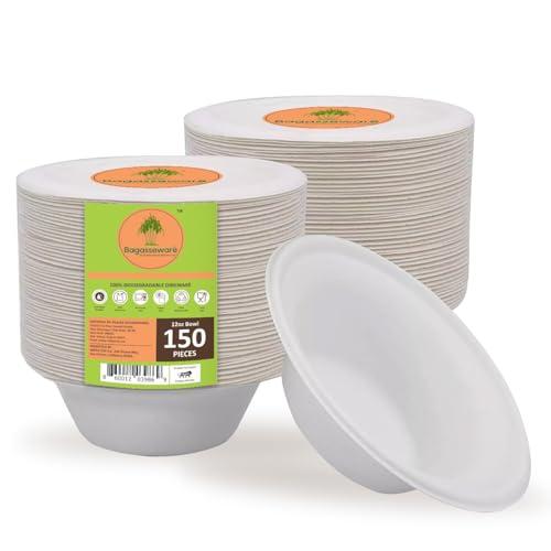 BAGASSEWARE Compostable 12 oz Heavy-Duty, 150 Count, 3X Stronger*, Microwave- & Freezer Safe, Soak-Proof, Biodegradable and Disposable Bowls