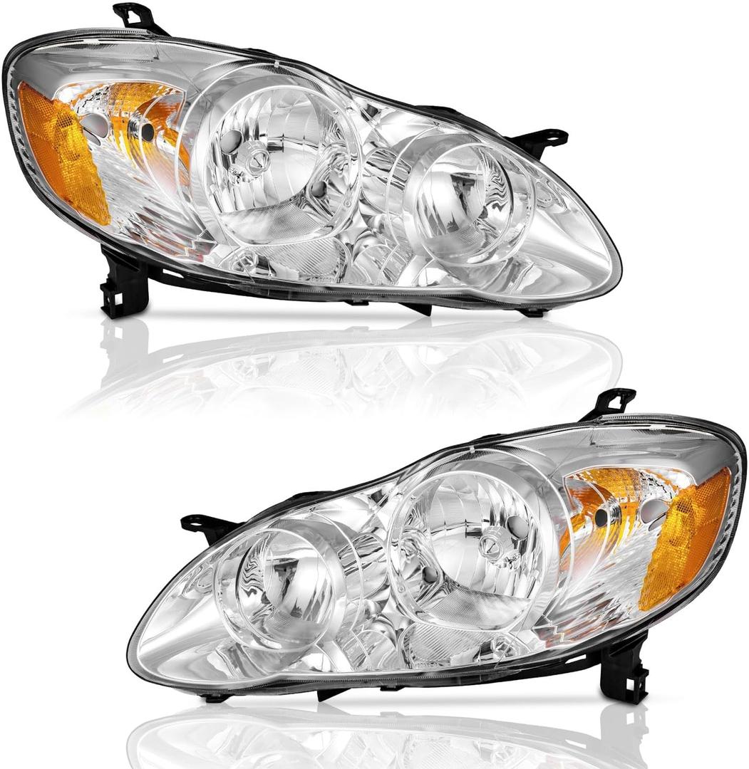 WEELMOTO Headlights Compatible with 2003-2008 Toyota Corolla, Headlamp Assembly Replacement Chrome Housing Amber Reflector Left+Right Side