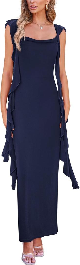 PRETTYGARDEN Women's 2026 Summer Wedding Guest Dress Sleeveless Ruffle Formal Cocktail Party Maxi Bodycon Dresses (Blue, XL)