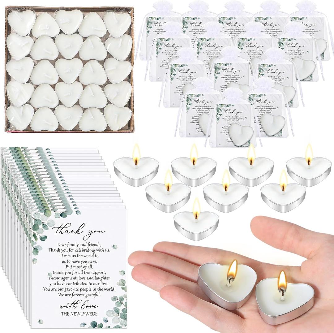 100 Sets Wedding Gifts for Guests Heart Shaped Candles Mini Candles Wedding Candle Gifts for Guests Thank You Cards and Organza Bags for Bridal Shower Party Favors