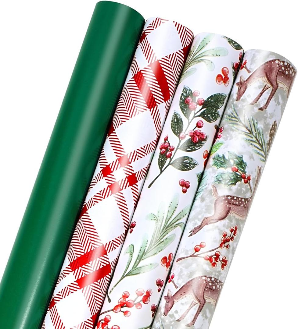 LaRibbons Christmas Wrapping Paper Set, Holiday Gift Wrap with Classic Deer/ Red White Plaid/ Berries Design, Perfect for Season Party, Xmas Presents & Decoration, 30 Inch X 10 Feet-4 Rolls
