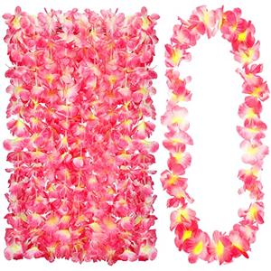 24 Counts Hawaiian Leis Necklace Tropical Flower Lei Floral Luau Party Decorations Hawaiian Flower Luau Necklaces Hula Dance Garland Headbands for Beach Birthday Wedding Party (Pink)