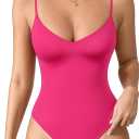 MANGOPOP Women's Cami Thong Bodysuit Double Lined Plunge Deep V Neck Backless Body Suit Adjustable Spaghetti Strap Tank Tops Hot Pink, Large