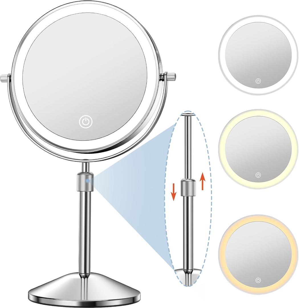 Vanity Mirror with Lights 7" Rechargeable 1x/10x Lighted Makeup Mirror Adjustable Height Double Sided Mirror with Lights 360Rotating Makeup Mirror
