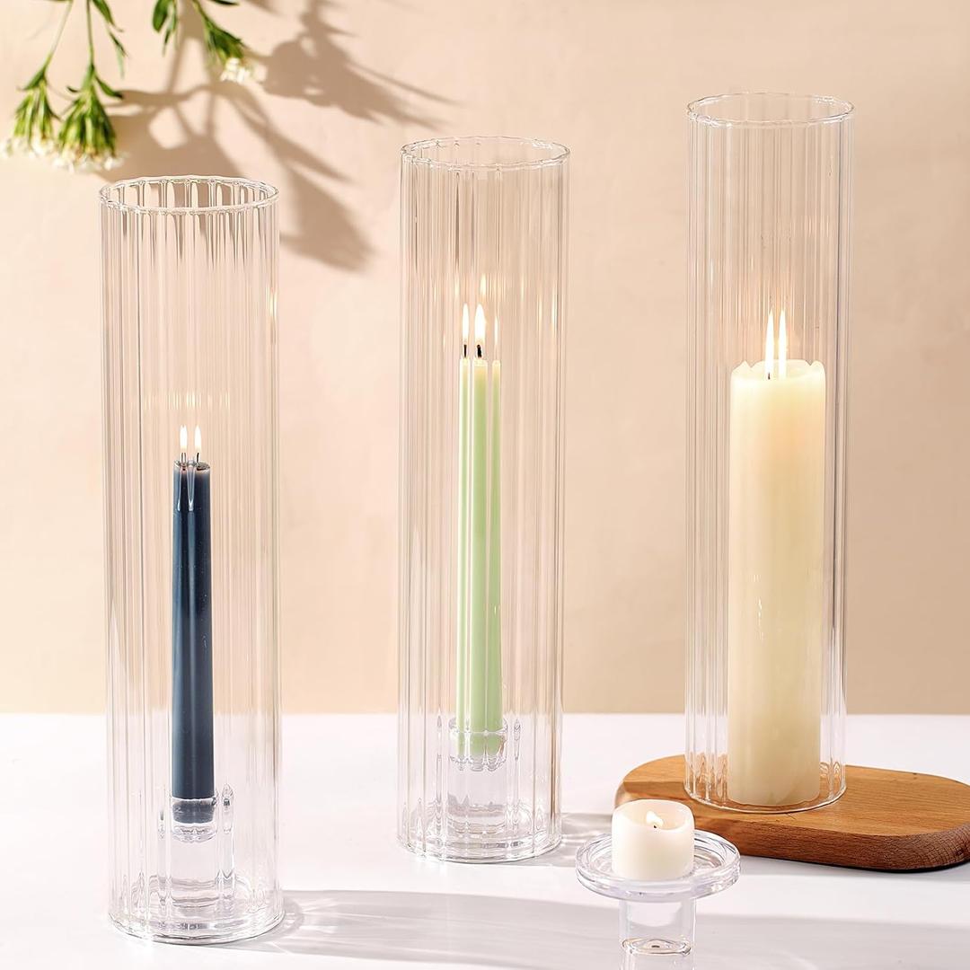 Volens Hurricane Glass Candle Holders for Table Centerpiece - Set of 3 Taper Candle Holders with Windproof Cylinders 12.6" Fluted Glass Chimney for Wedding, Outdoor Party & Fall Home Decorations