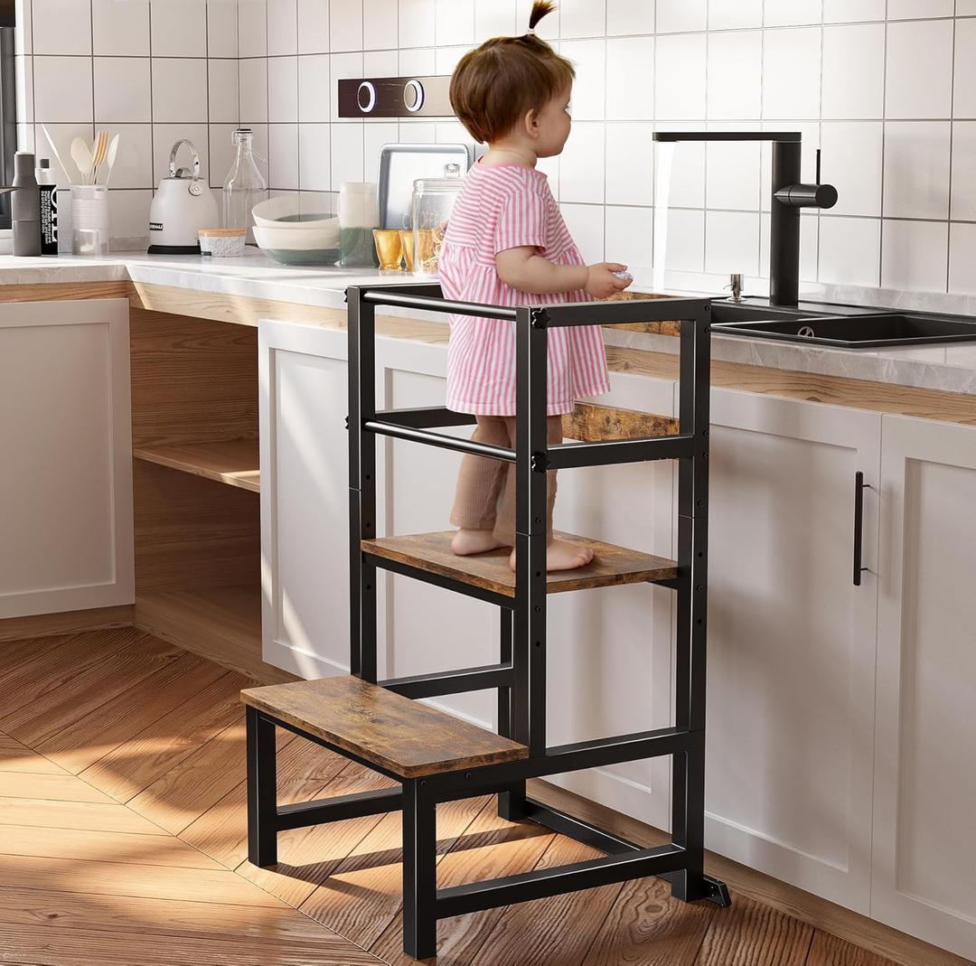 Kitchen Step Stool for Toddlers, Height Adjustable Toddler Tower with Safety Rail, Steel and Wood Toddler Kitchen Stool Helper Kids, Stool for Kids, Learning Tower, Kids' Desk Brown