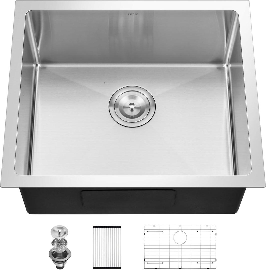 PEPO 21x18 Undermount Kitchen Sink, 16 Gauge Stainless Steel Single Bowl with Strainer, Handmade Bar Prep Sink for RV and Outdoor, 21x18x10inch