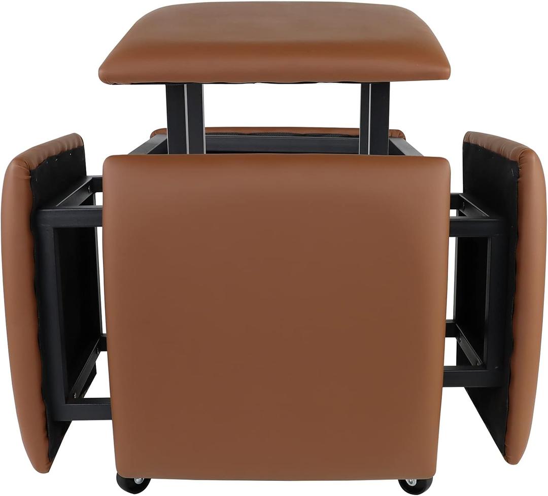 5 in 1 Nesting Ottoman Cube Chair, Stackable Stools, Leather Square Ottoman Bench, Foot Stool with Wheels for Living Room,Dining Room 15.75x15.75x16.54 inches (Brown)