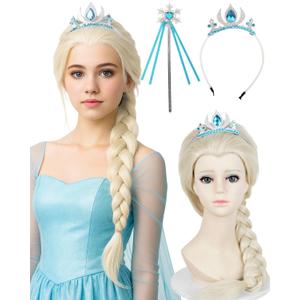 Wiggy Mermaid White Blonde Braided Wig with Crown Wand 19.69'' Long Platinum Blonde Princess Wigs + Cap for Halloween Party Costume Cosplay