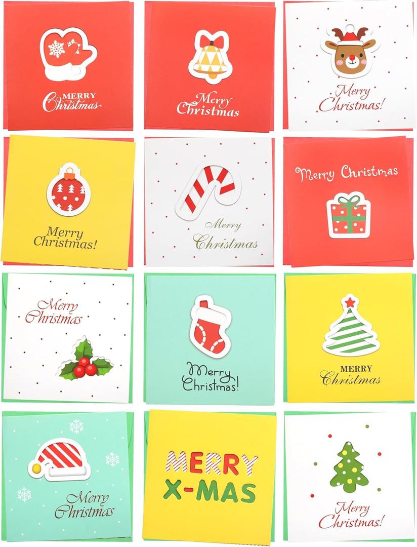 24 Pack Mini Christmas Greeting Cards & Envelopes, Cute Stweety Small Size 3.3"x 3.3" Merry Christmas Greeting Cards Festival Color Pattren 4 [Red/Yellow/White] (Pack of 24)