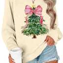 Christmas Sweatshirts for Women Bow Christmas Tree Long Sleeve Shirt Xmas Holiday Crew Neck Pullover Tops (Small, Apricot)