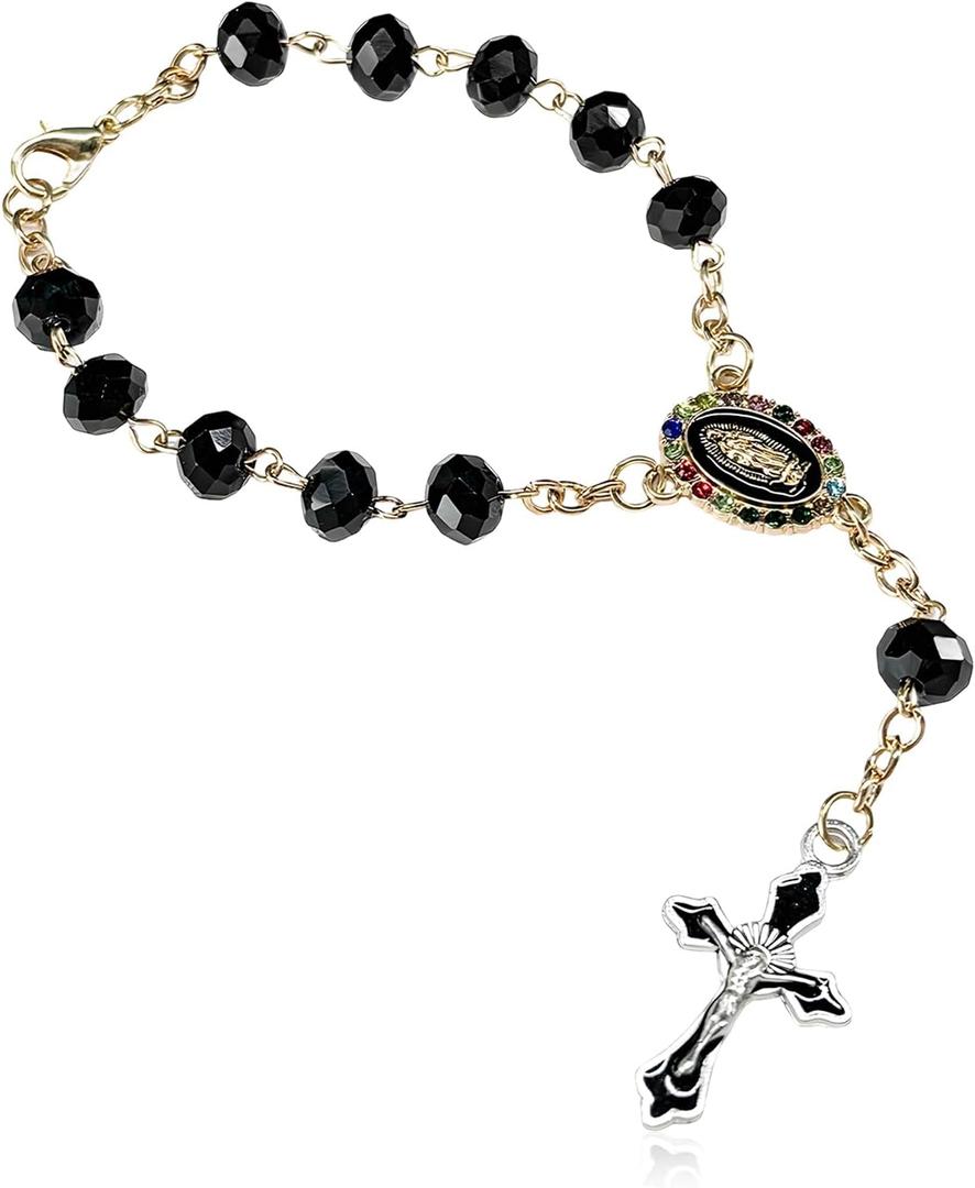 Car Rosary for Rearview Mirror, Personalized Catholic Rosary Auto Interior Blessing Pendant, Virgin Mary & Crucifix Car Charm Mirror Hanging Ornament for Women Men (Black)