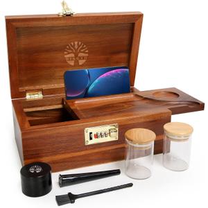 Premium Acacia Wood Storage Box with Grinder & Combination Lock  Multi-Purpose Organizer Set with Glass Jars