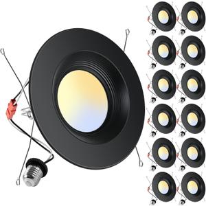 ZYC Retrofit LED Recessed Lighting - 12 Pack 5/6 Inch Black Retrofit Recessed Can Lights, Baffle Trim, Selectable 2700k-6000k Dimmable Downlights, Damp Rated, ETL 15W 1200LM (Black, 5/6 inch)