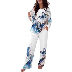 CHICME Womens Pajamas Sets 2 Piece Long Sleeve Lounge Set Loose Pants Pj Sets Loungewear with Pockets (White, XXL)