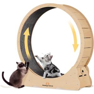 Homegroove Cat Exercise Wheel for Indoor Cats, 46" Large XL Cat Running Treadmill Wheel with Carpeted Runway for Kittys Longer Life, Natural Wood Color(XL)